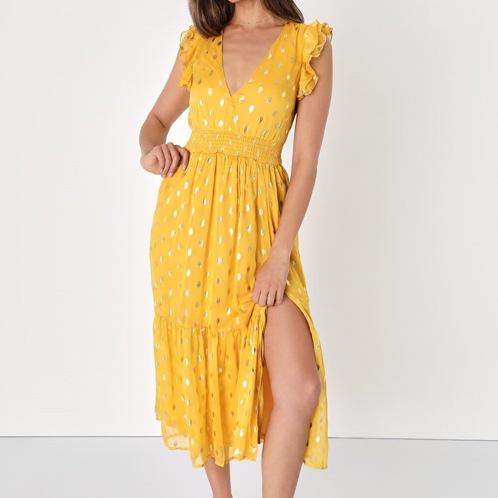 Cause to Celebrate Yellow and Gold Dot Ruffled Tiered Midi Dress
